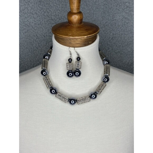 Sparkle Glass Choker Necklace Earrings SET Silver Beads Retro Glam - Picture 1 of 7